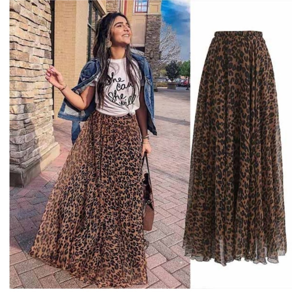 046 NWOT LEOPARD WATERCOLOR MAXI SKIRT IN BROWN in M-L
